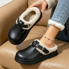 Waterproof Eva Furry Mules Slippers Women 2025 Winter Metal Buckle Warm Plush Slippers Soft Thick Bottom Non Slip Indoor Slides