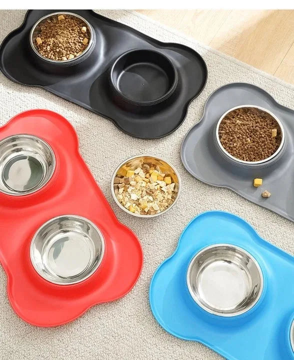Stainless Steel Double Dog Bowl with Non-Slip Silicone Mat