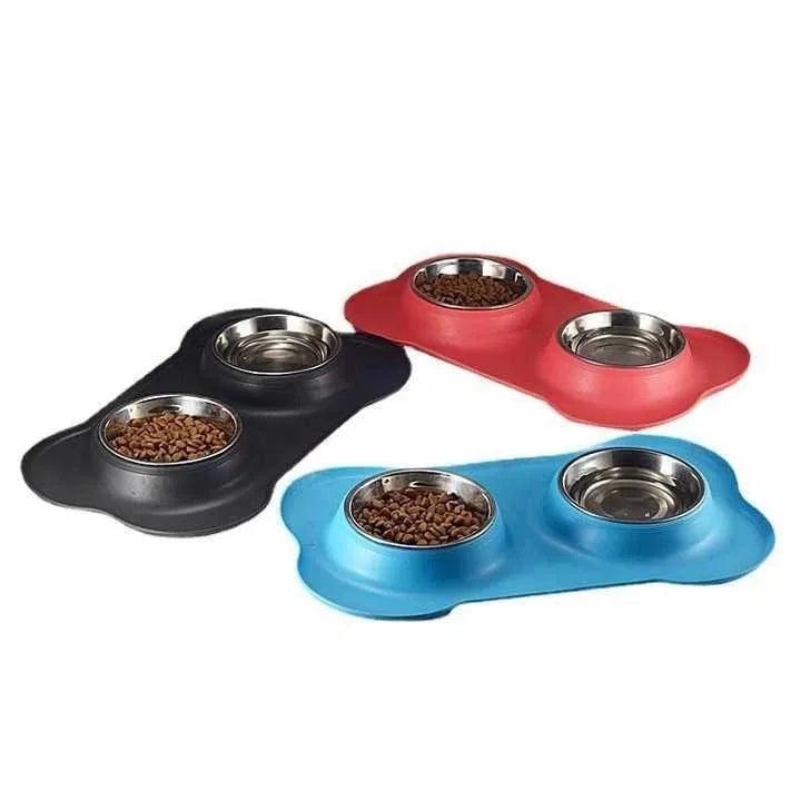 Stainless Steel Double Dog Bowl with Non-Slip Silicone Mat