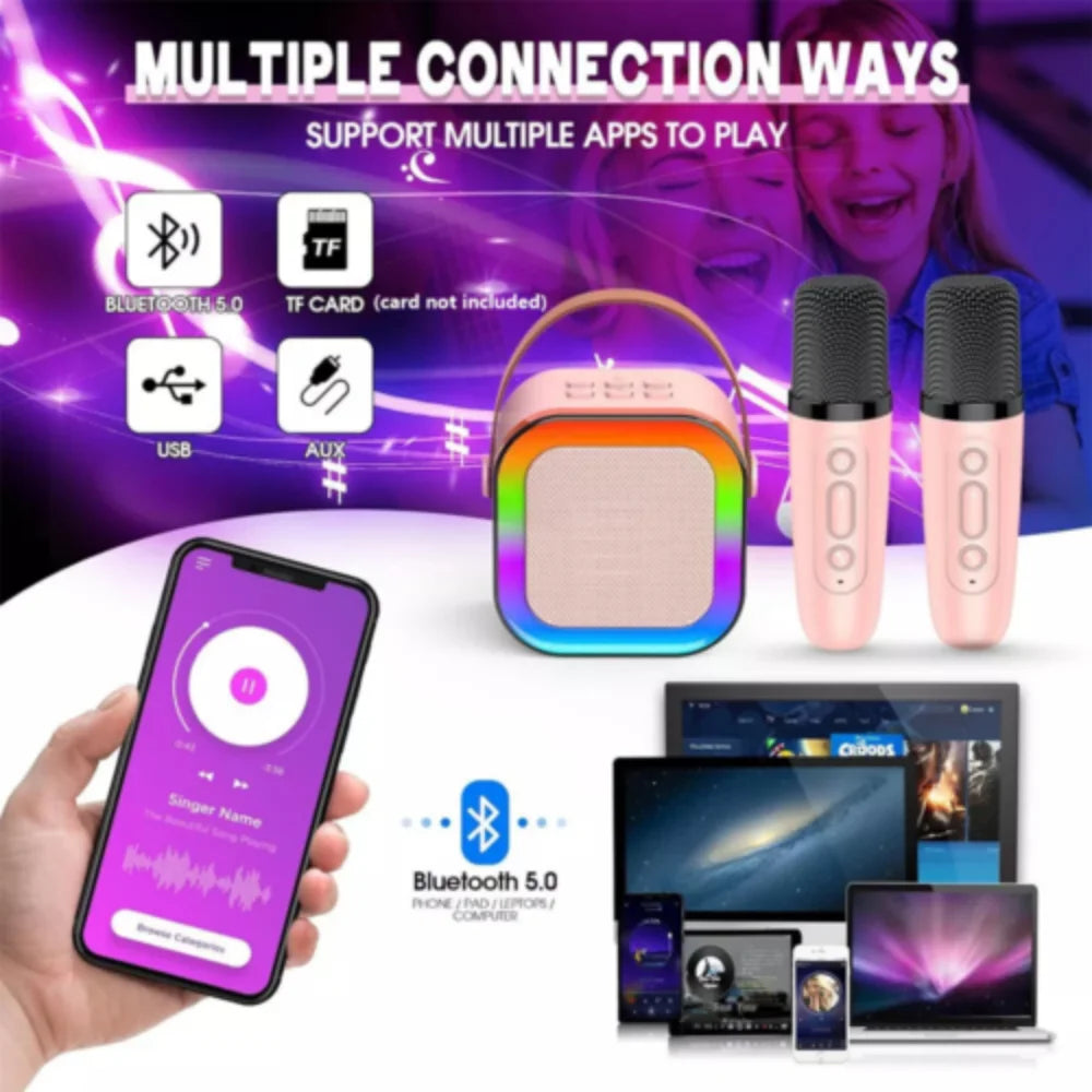 Portable Mini Karaoke Machine & Bluetooth Speaker for Kids (with 2 Wireless Microphones) – Ideal for Boys & Girls, Family Parties, and Birthday Gifts (Pink)
