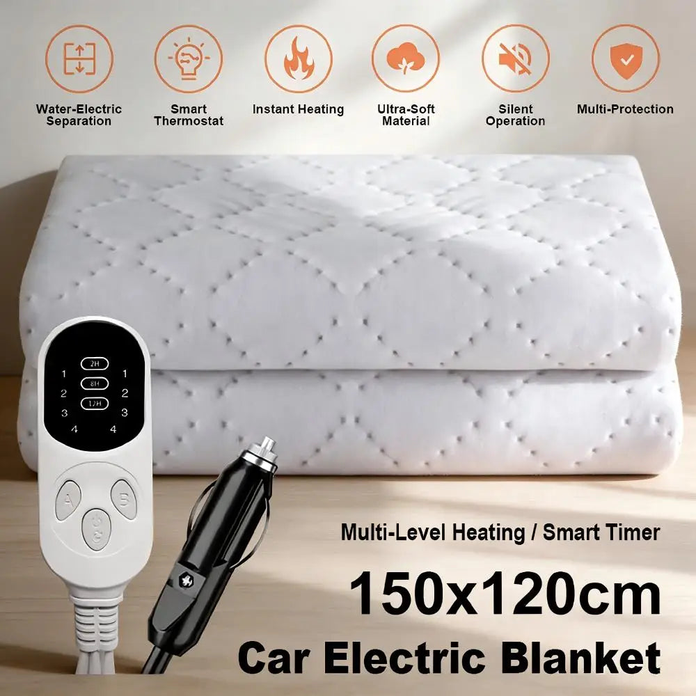 12V Car Electric Blanket 150x120cm 4 Heat Settings & Smart Timer Fast Heating Heated Travel Throw Portable Machine Washable Warming Pad for Car Truck RV Camping