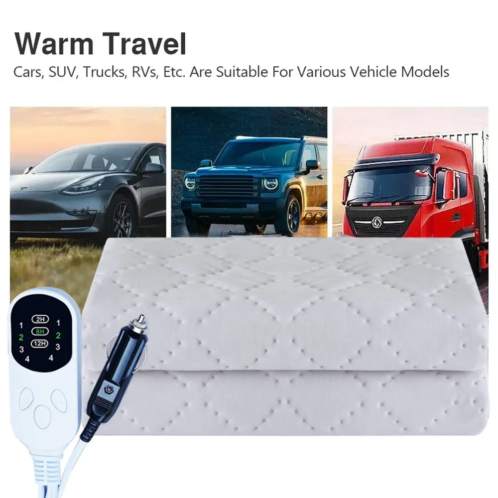 12V Car Electric Blanket 150x120cm 4 Heat Settings & Smart Timer Fast Heating Heated Travel Throw Portable Machine Washable Warming Pad for Car Truck RV Camping
