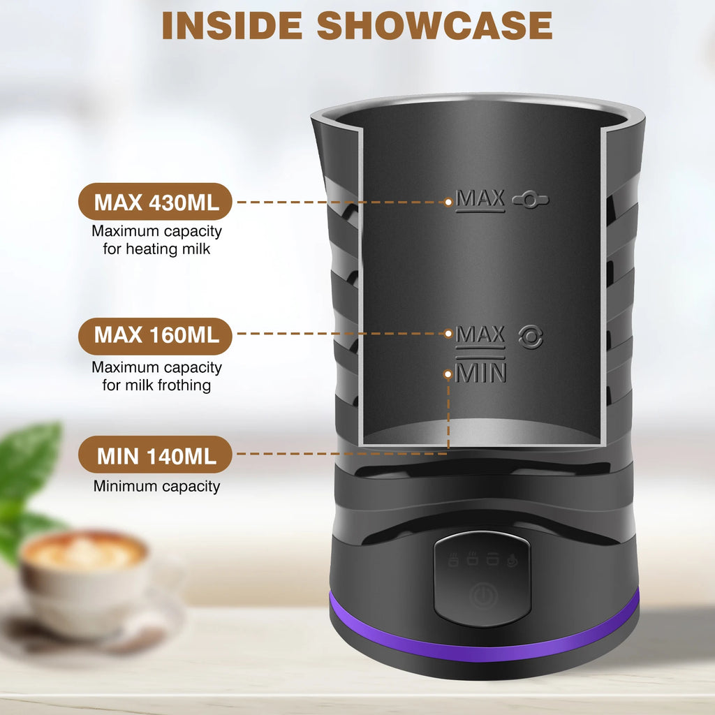 Hot Chocolate Machine 600W Milk Frothers Milk Steamer, 4 in 1 Electric Corded Milk Frother with Hot and Cold Function, Temperature Control Hot Chocolate Maker for Coffee Latte Cappuccino