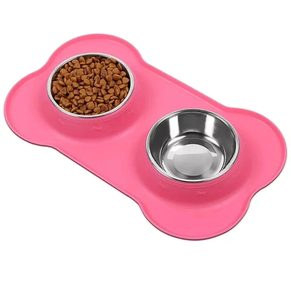 Stainless Steel Double Dog Bowl with Non-Slip Silicone Mat