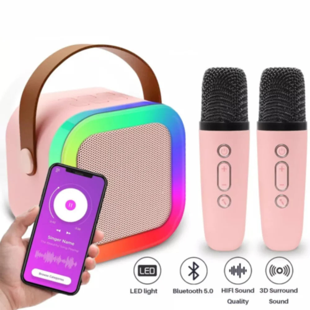 Portable Mini Karaoke Machine & Bluetooth Speaker for Kids (with 2 Wireless Microphones) – Ideal for Boys & Girls, Family Parties, and Birthday Gifts (Pink)