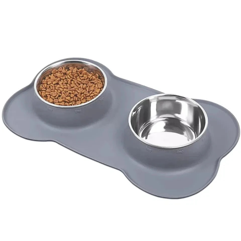 Stainless Steel Double Dog Bowl with Non-Slip Silicone Mat