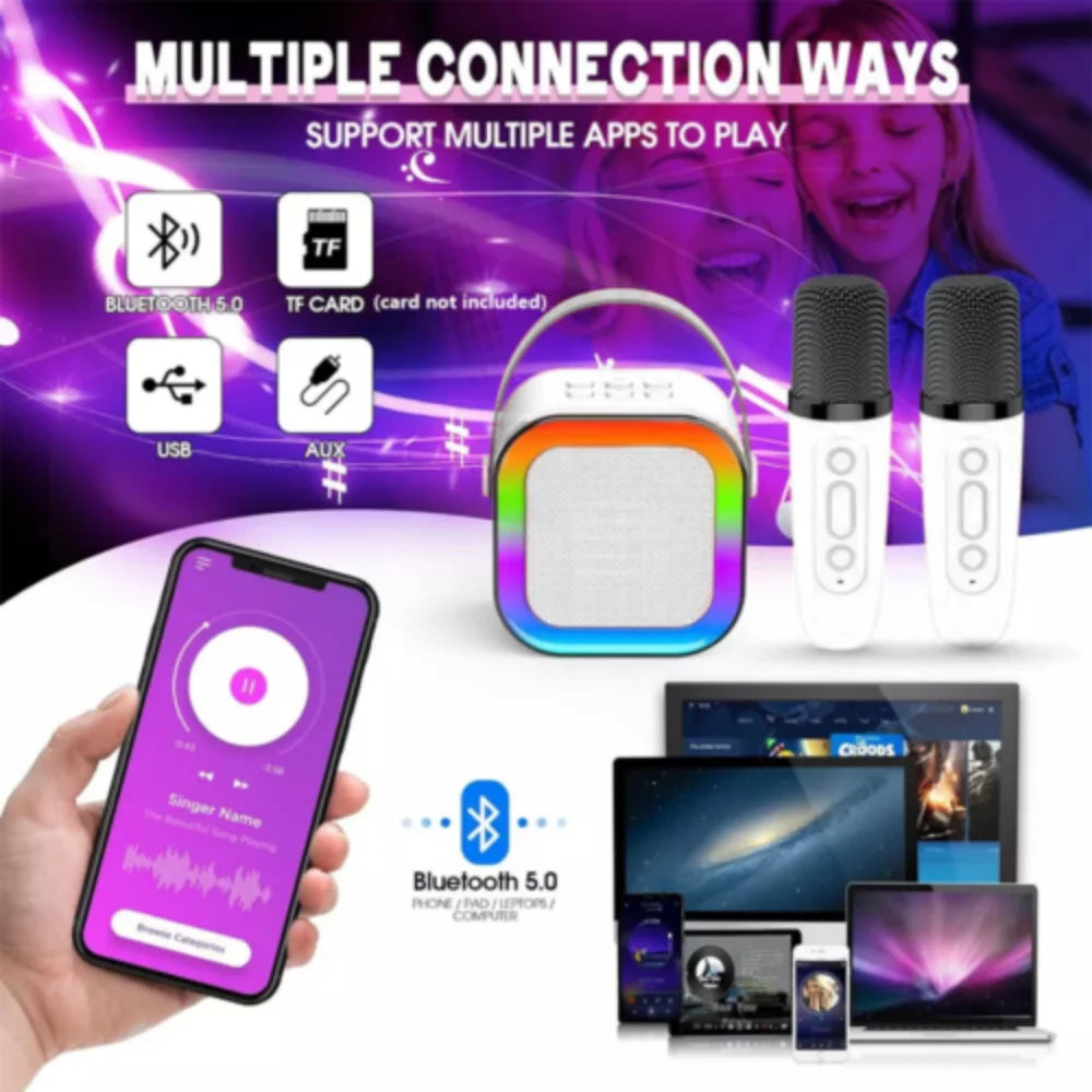 Portable Mini Karaoke Machine & Bluetooth Speaker for Kids (with 2 Wireless Microphones) – Ideal for Boys & Girls, Family Parties, and Birthday Gifts (Pink)