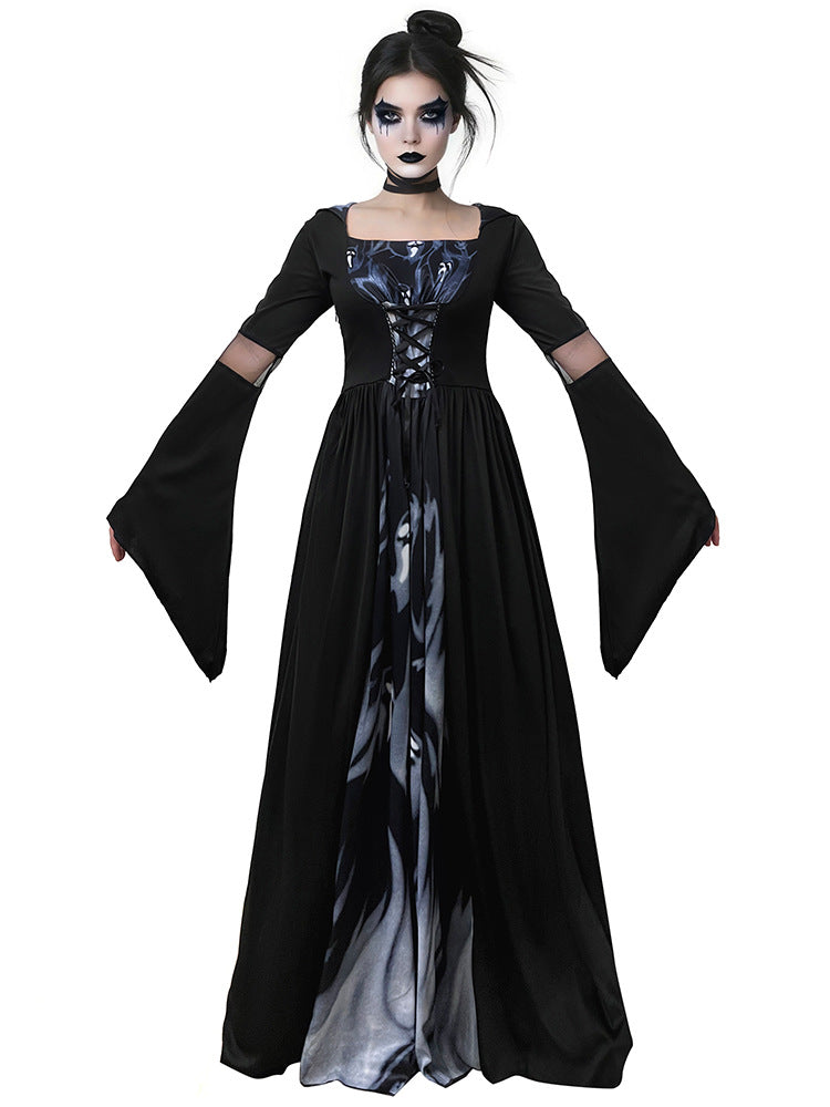 2025 New Halloween Witch Dress Hooded Skeleton Witch Magician Cosplay Stage Performance Costume