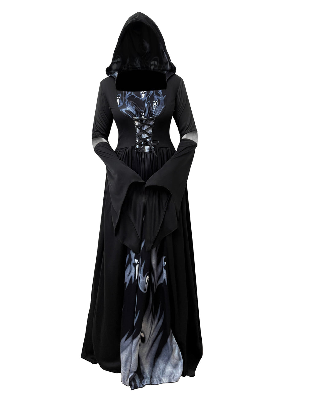 2025 New Halloween Witch Dress Hooded Skeleton Witch Magician Cosplay Stage Performance Costume