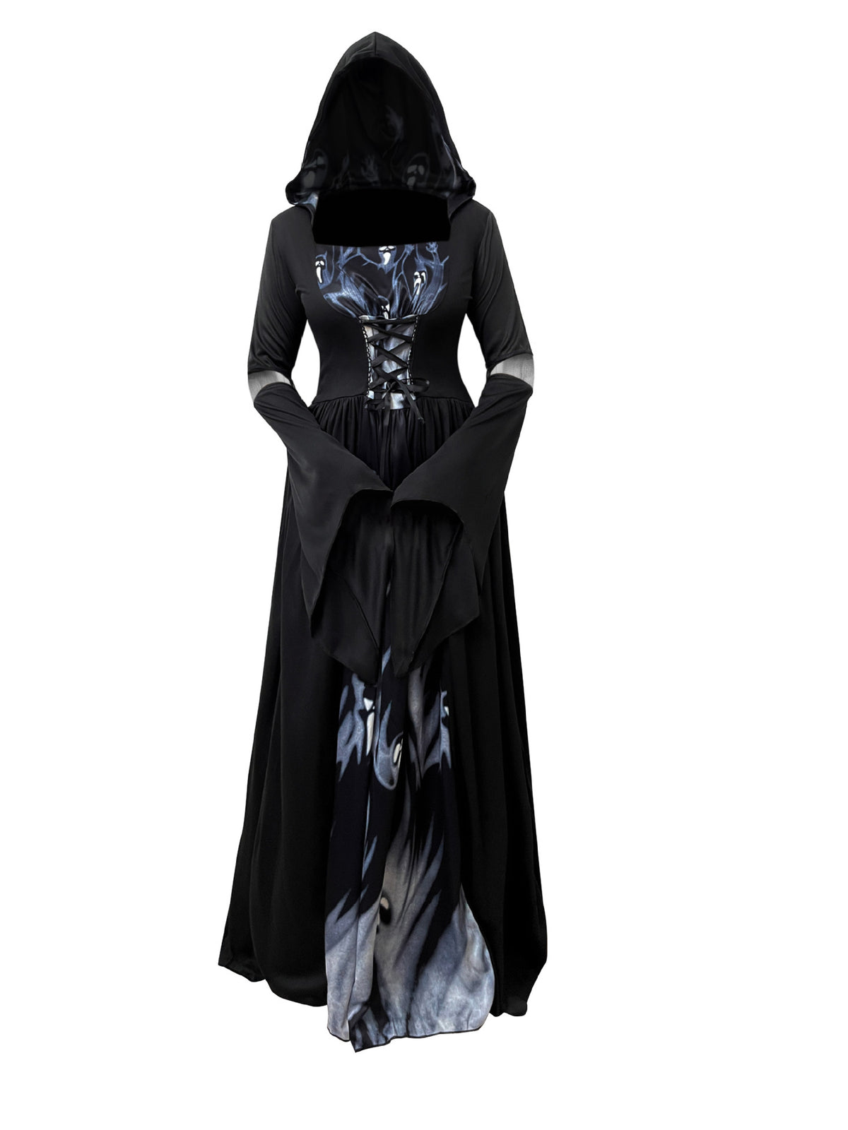 2025 New Halloween Witch Dress Hooded Skeleton Witch Magician Cosplay Stage Performance Costume