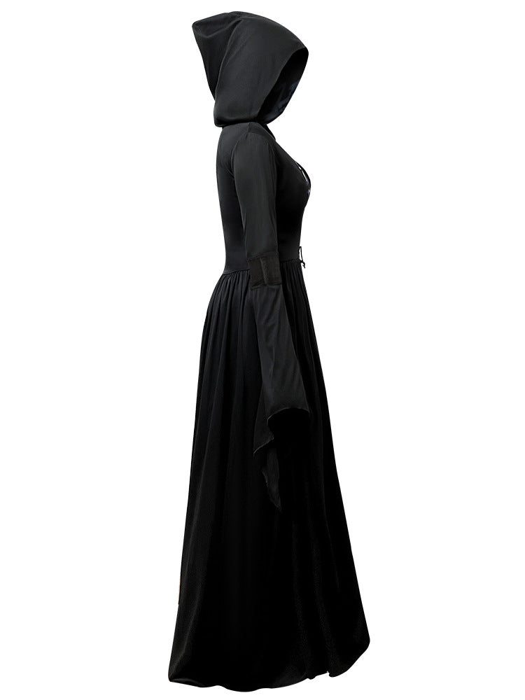 2025 New Halloween Witch Dress Hooded Skeleton Witch Magician Cosplay Stage Performance Costume