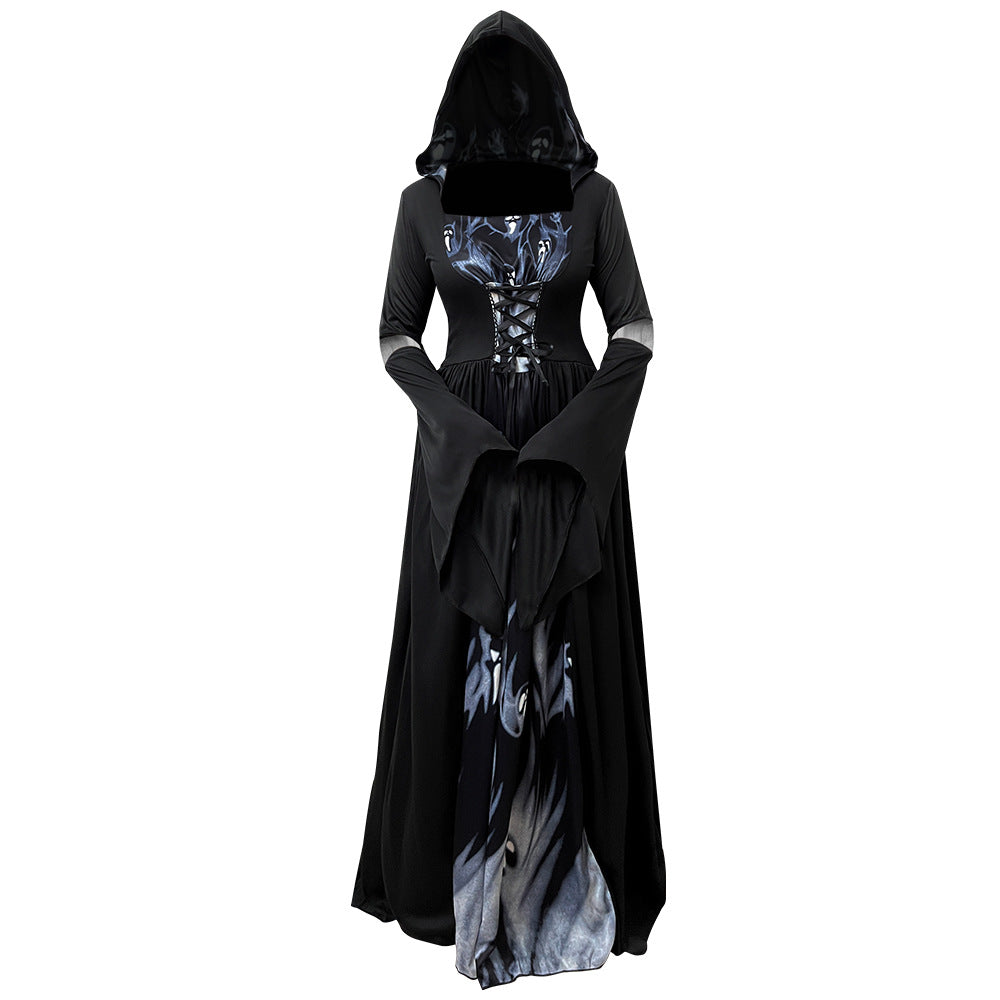 2025 New Halloween Witch Dress Hooded Skeleton Witch Magician Cosplay Stage Performance Costume