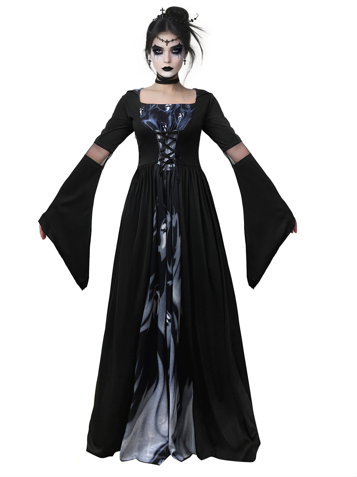 2025 New Halloween Witch Dress Hooded Skeleton Witch Magician Cosplay Stage Performance Costume