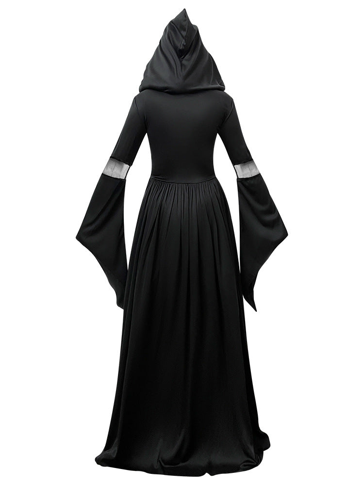 2025 New Halloween Witch Dress Hooded Skeleton Witch Magician Cosplay Stage Performance Costume