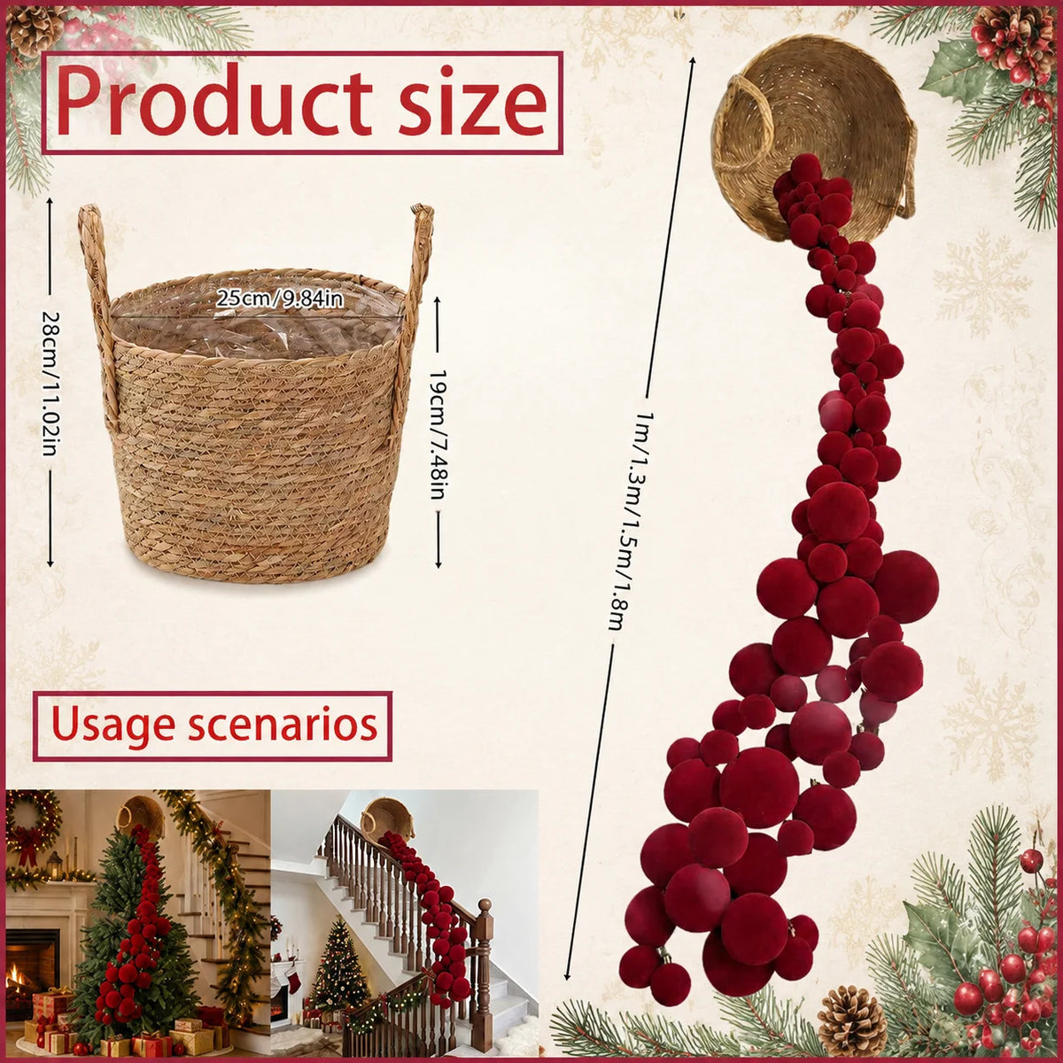 4.9ft Christmas Velvet Balls Wreath Ornaments Bamboo Baskets Hanging Decorations Fireplace Mantel Holiday Party Christmas Tree