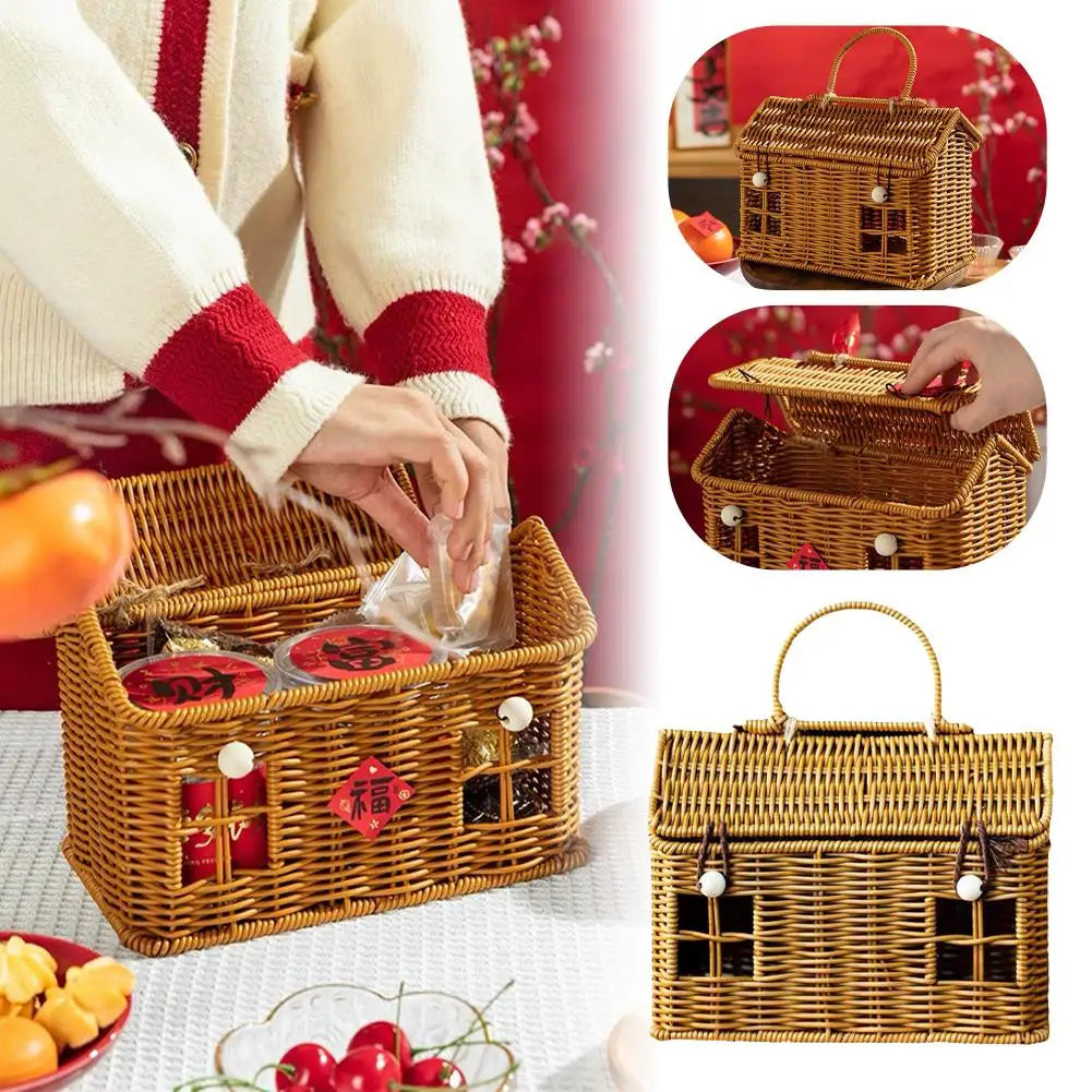 Rattan House Shaped Basket With Lid Decorative﻿ Handle With Harvest Basket Folding Woven Organizer Rattan House Shaped Basket