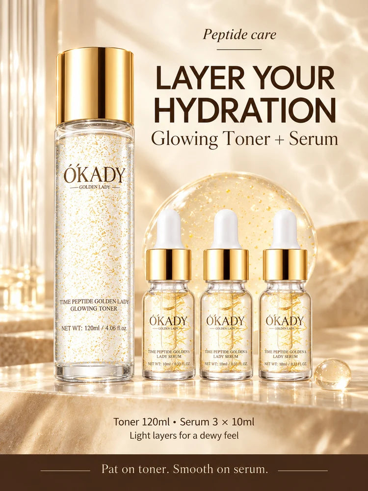 OKADY 10-Piece Peptide Skincare Set for Women, Hydrating & Moisturizing Face Care Kit with Cleanser, Toner, Serum x3, Lotion, Eye Cream, Face Creams and Eye Mask, Daily Skin Care Routine in a Gold Gift Box, Birthday, Christma