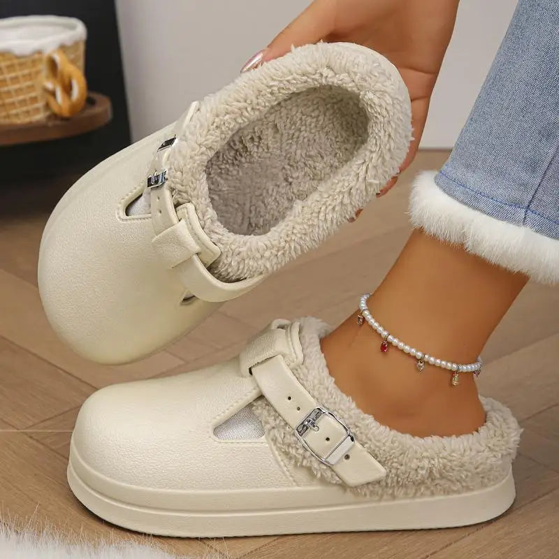 Waterproof Eva Furry Mules Slippers Women 2025 Winter Metal Buckle Warm Plush Slippers Soft Thick Bottom Non Slip Indoor Slides