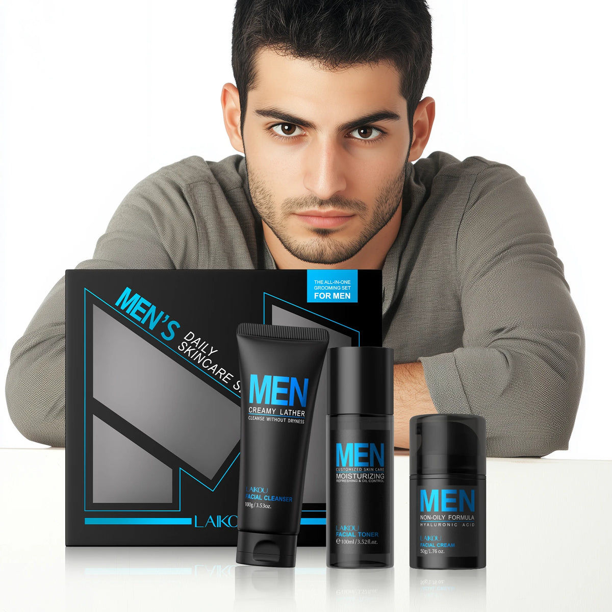 LAIKOU 3-Piece Men's Daily Skincare Kit - Cleanse Refresh Hydrate Essential Men's Beauty Routine Set