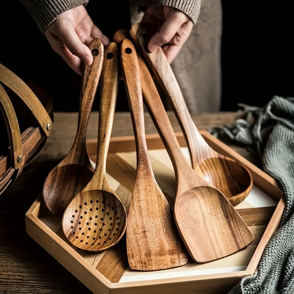 5pcs Wooden Kitchen Utensils Set, Wooden Spoons Natural Spatulas