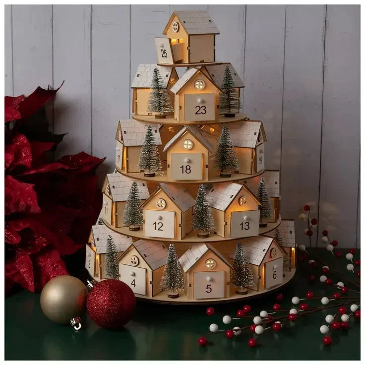 Wooden Christmas Advent Calendar 24, Days House Shape Countdown Ornament, Xmas Tree Decoration Gift For, Kids Home Party Decor