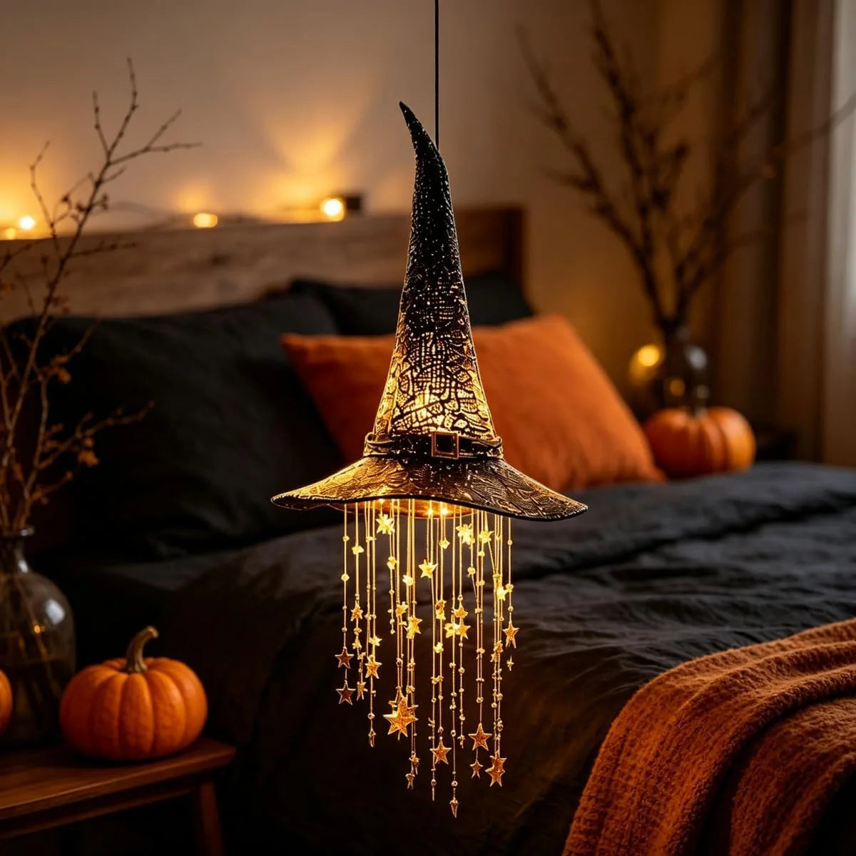 Lighted Witch Hat Hanging Chime, Halloween Outdoor Ornament, Glowing Mesh Cascading Stars, Black Frame Decoration, Party Decor