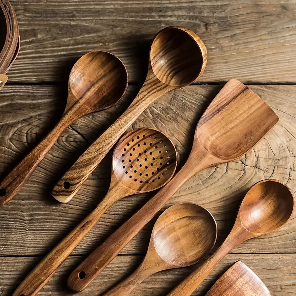5pcs Wooden Kitchen Utensils Set, Wooden Spoons Natural Spatulas