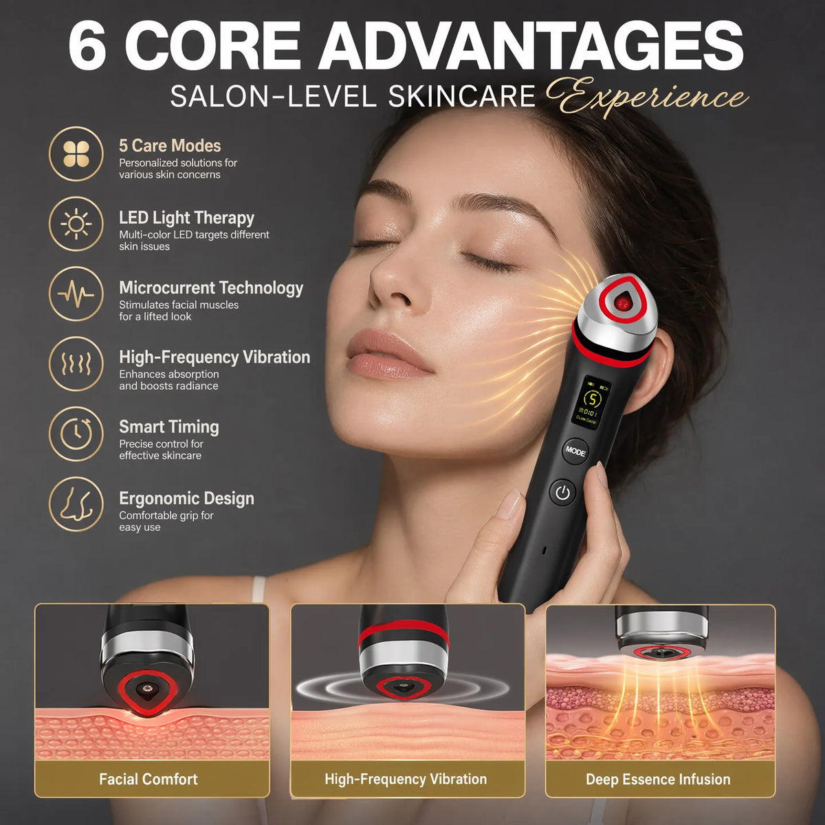 Ager Booster Pro Lifting Face Neck Therapy LED Vibration Massager Beauty Device for Anti-Aging Wrinkles, Skin Rejuvenation