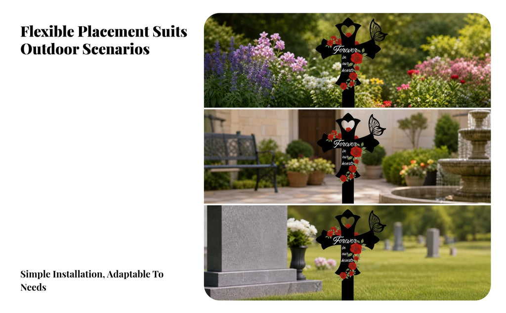 Cross Memorial Stake Outdoor Use Rose Memorial Stake Metal Grave Marker Easy Ground Insert Sympathy Gift for Courtyard