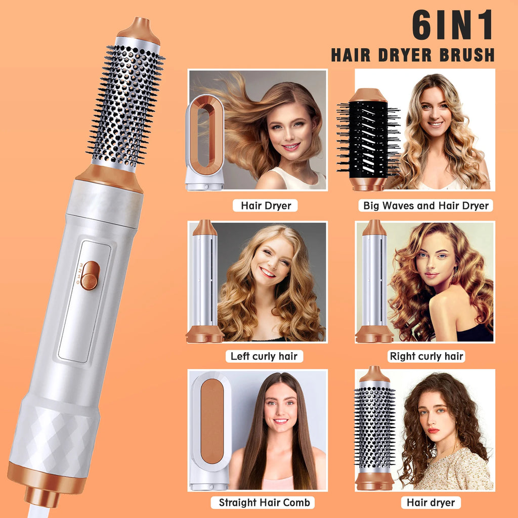 6 in 1 Hair Dryer Brush Detachable Blow Dryer Comb Ionic Hot Air Brush Hair Styling Tool Electric Thermal Brush Air Curler Wand