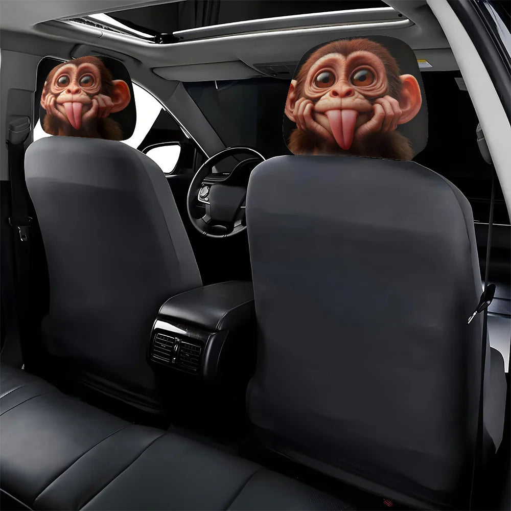 Cute and funny tongue-sticking macaque breathable car headrest cover 2pcs, festival gift, car interior parts, flexible design