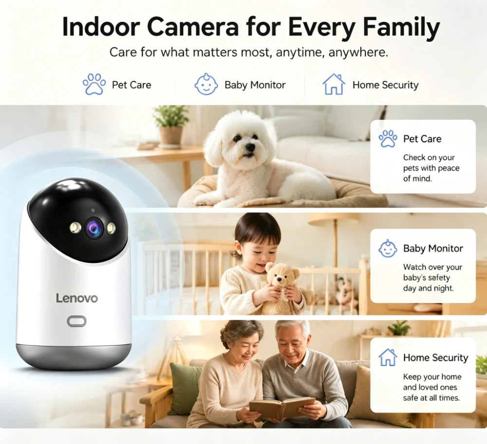 Lenovo 5MP Indoor Smart Security Camera 2.4G 5G WiFi Wireless PTZ IP Cam Two‑Way Talk Night Vision Motion Alert Pet Baby Monitor