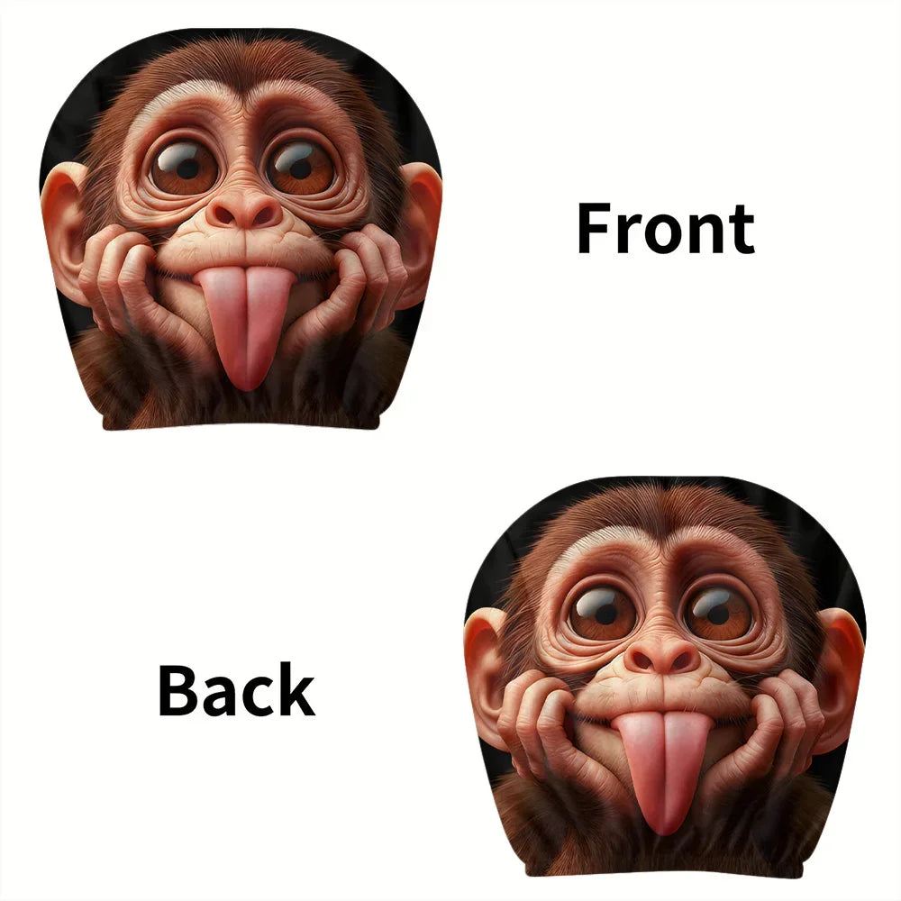 Cute and funny tongue-sticking macaque breathable car headrest cover 2pcs, festival gift, car interior parts, flexible design