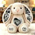 Custom Heart Photo Bunny Plush – Personalized Hidden Ear Picture Bunny Custom Text Anniversary Gift for Couples Sweethearts