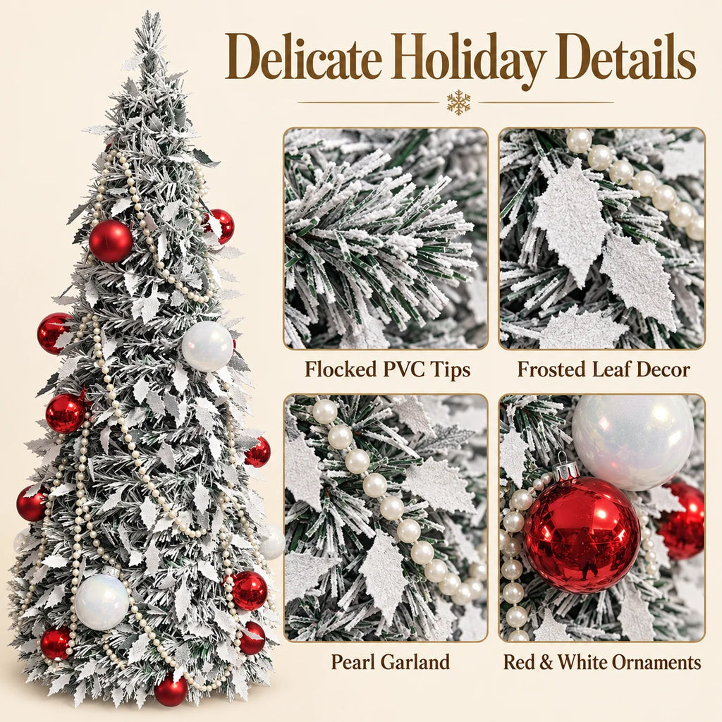 Flocked PVC Christmas Tree 1.5/1.8/2.1M Pre‑Attached Baubles, Foldable Xmas Tree with USB String Lights for Home Holiday Decor