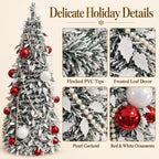 Flocked PVC Christmas Tree 1.5/1.8/2.1M Pre‑Attached Baubles, Foldable Xmas Tree with USB String Lights for Home Holiday Decor