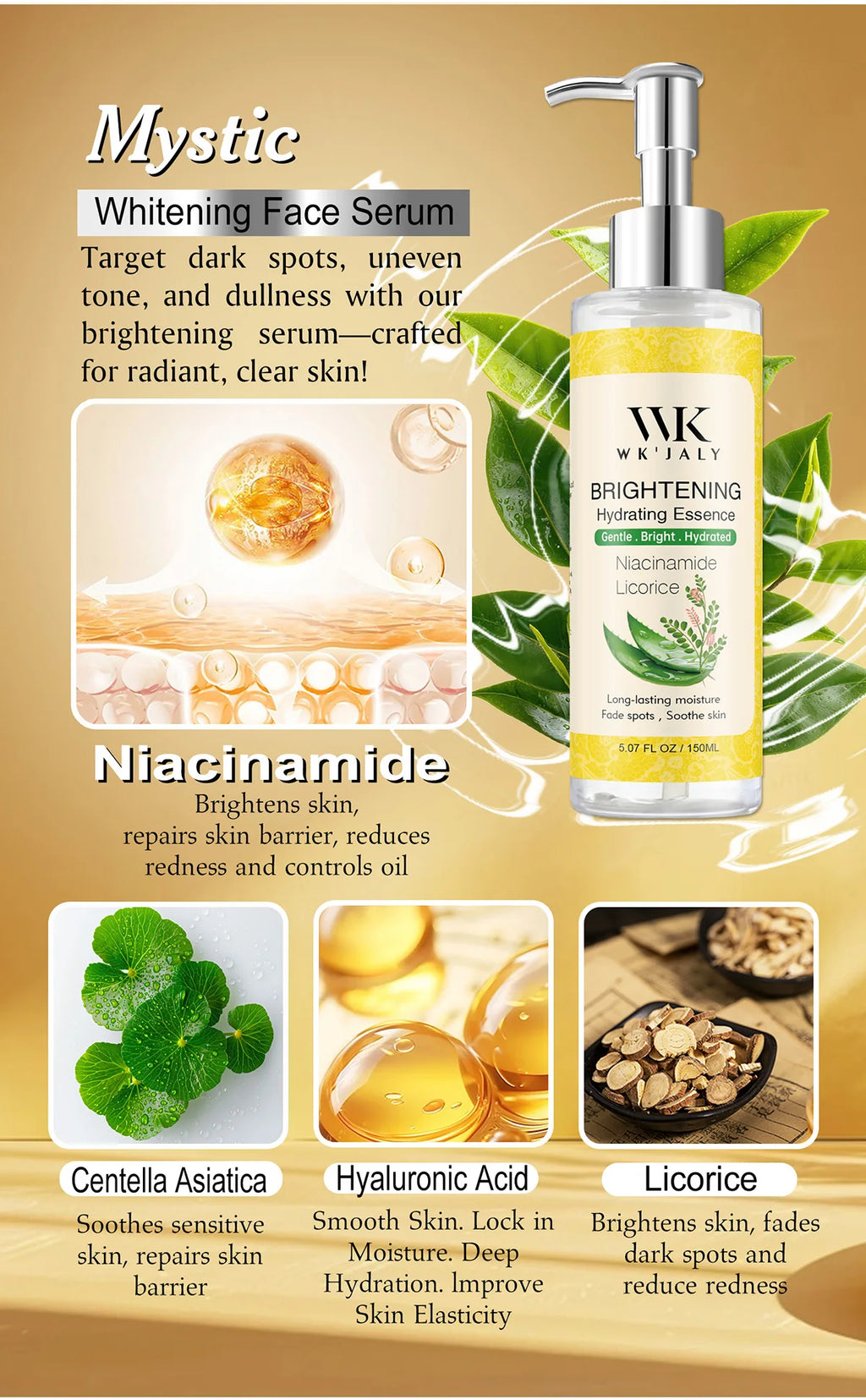 WK JALY Licorice Whitening Serum, Dark Spots Removal Essence, Brighten Skin Tone, Moisturizing, For Face, Body, 150ml