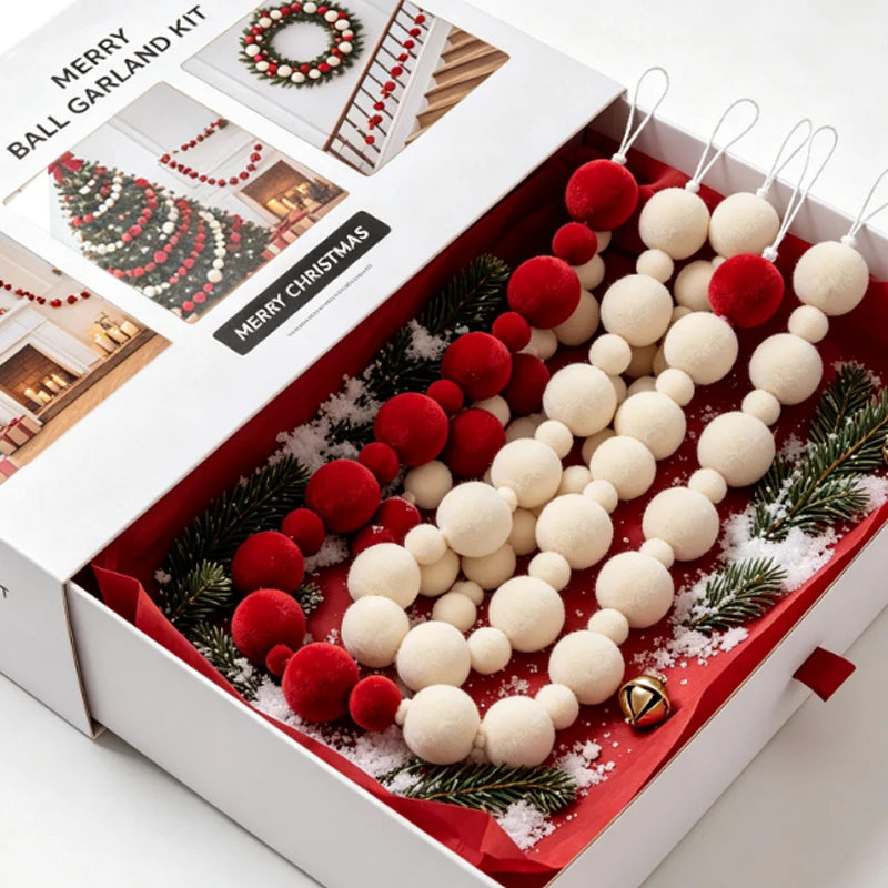 2Meters Xmas Hanging Pendant Red White Felt Ball Garland Ornaments DIY Christmas Tree Window Bead Chain Decoration Supplies