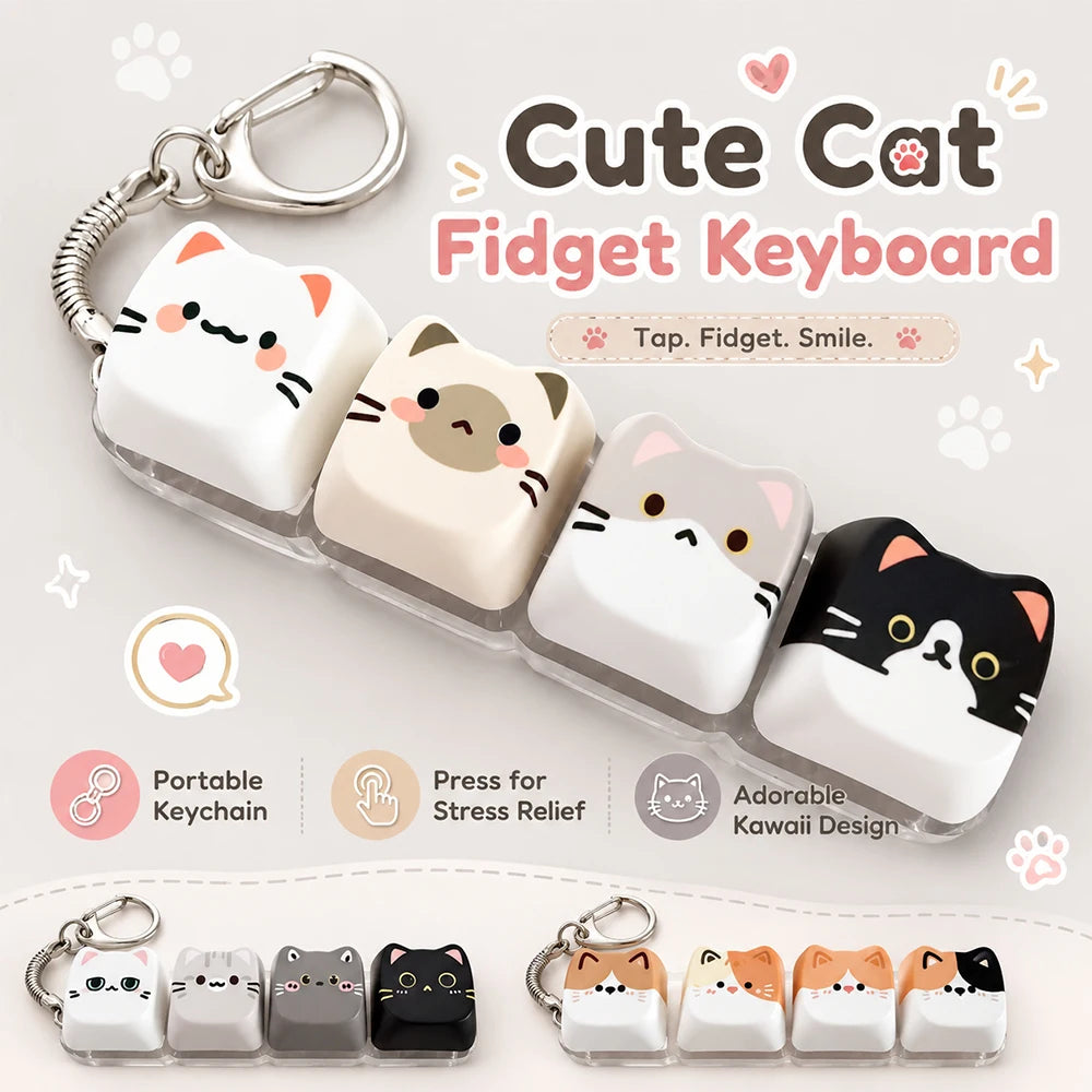 Cute Cat Relax Button Keycap, Kawaii Cat 4-Key Keyboard Fidget Toy for Friends Gift, Portable Fidget Keychain Fashion Bag Charm