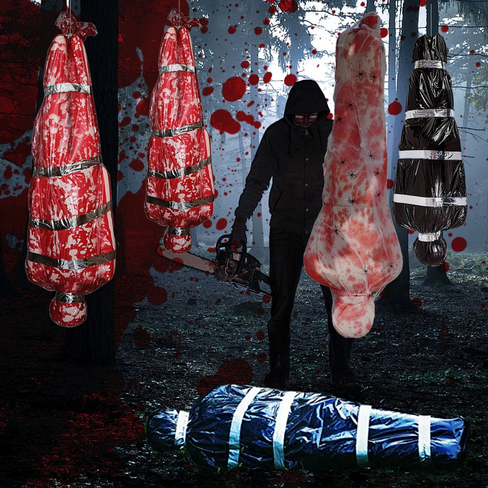 Horror Halloween Outdoor Decoration 59inch Creepy Corpse Props Set Scary Fake Bloody Body Bag Haunted House Hanging Decorations