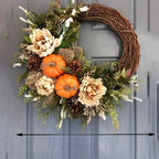 Autumn Door Wreath with Pumpkin Maple Leaf Eucalyptus Berries for Harvest Thanksgiving Season Wall Decor 45cm Orange