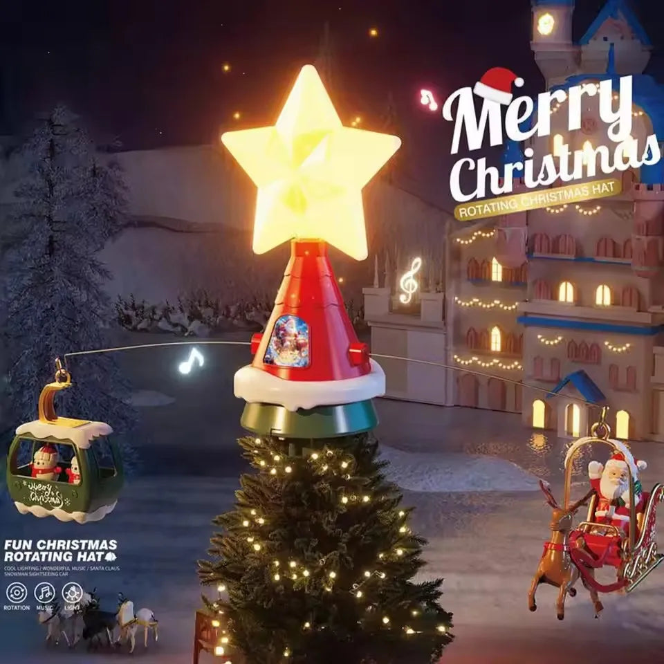 Rotating Santa Sleigh Christmas Tree Topper with Music & Lights