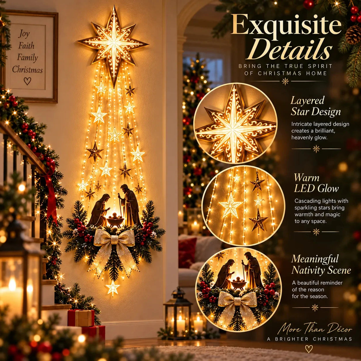 Christmas，Bethlehem Star of Faith, Lighted Nativity Wall Decor,Glowing Christmas Hanging Ornament, LED Lights for Indoor