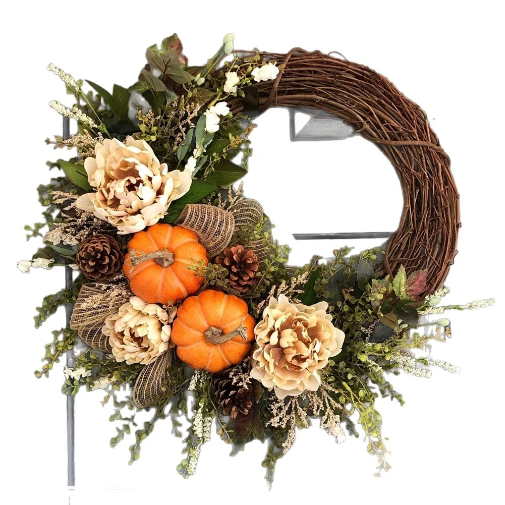 Autumn Door Wreath with Pumpkin Maple Leaf Eucalyptus Berries for Harvest Thanksgiving Season Wall Decor 45cm Orange