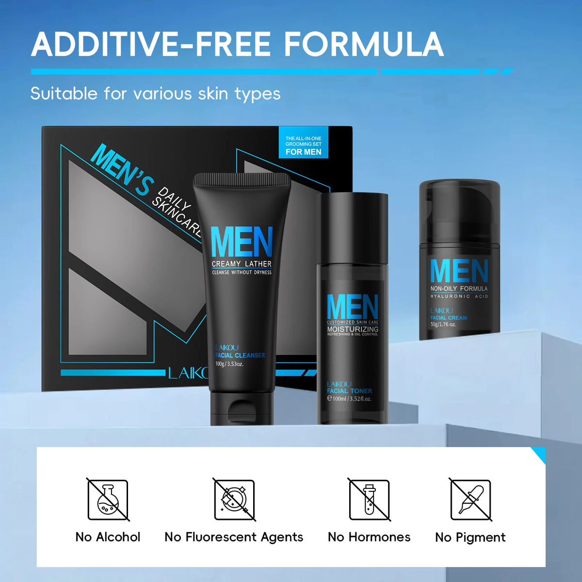 LAIKOU 3-Piece Men's Daily Skincare Kit - Cleanse Refresh Hydrate Essential Men's Beauty Routine Set