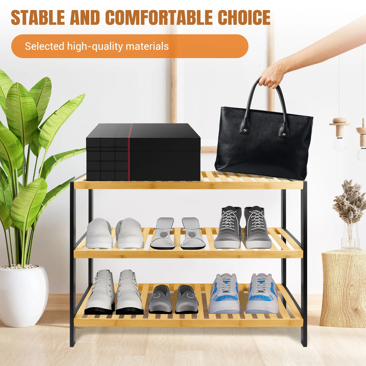 3 Tier Bamboo Shoe Rack ,Black/Natural