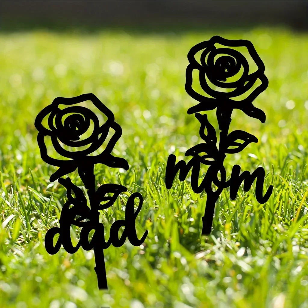 Rose Shaped Memorial Garden Stake, Grave Marker, Sympathy Yard Decor, Tinplate Iron, 8x8 Inch