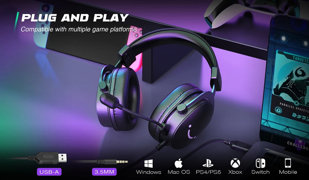 FIFINE Headset,3.5 mm Jack & USB Headphone with 7.1 Surround Sound/Volum Control/Mute Switch for PC / MAC / PS4 / PS5 Mixer-H9