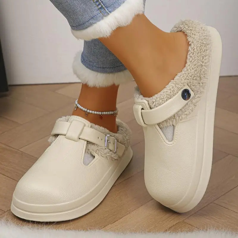 Waterproof Eva Furry Mules Slippers Women 2025 Winter Metal Buckle Warm Plush Slippers Soft Thick Bottom Non Slip Indoor Slides