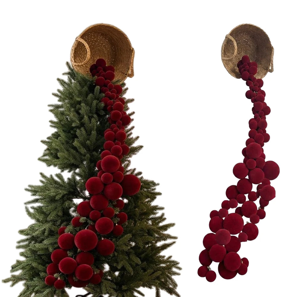 4.9ft Christmas Velvet Balls Wreath Ornaments Bamboo Baskets Hanging Decorations Fireplace Mantel Holiday Party Christmas Tree
